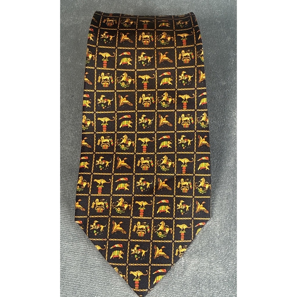 Salvatore Ferragamo Men's Animal Kingdom Pedestal Grid‎ Tie Silk Italy Elephant